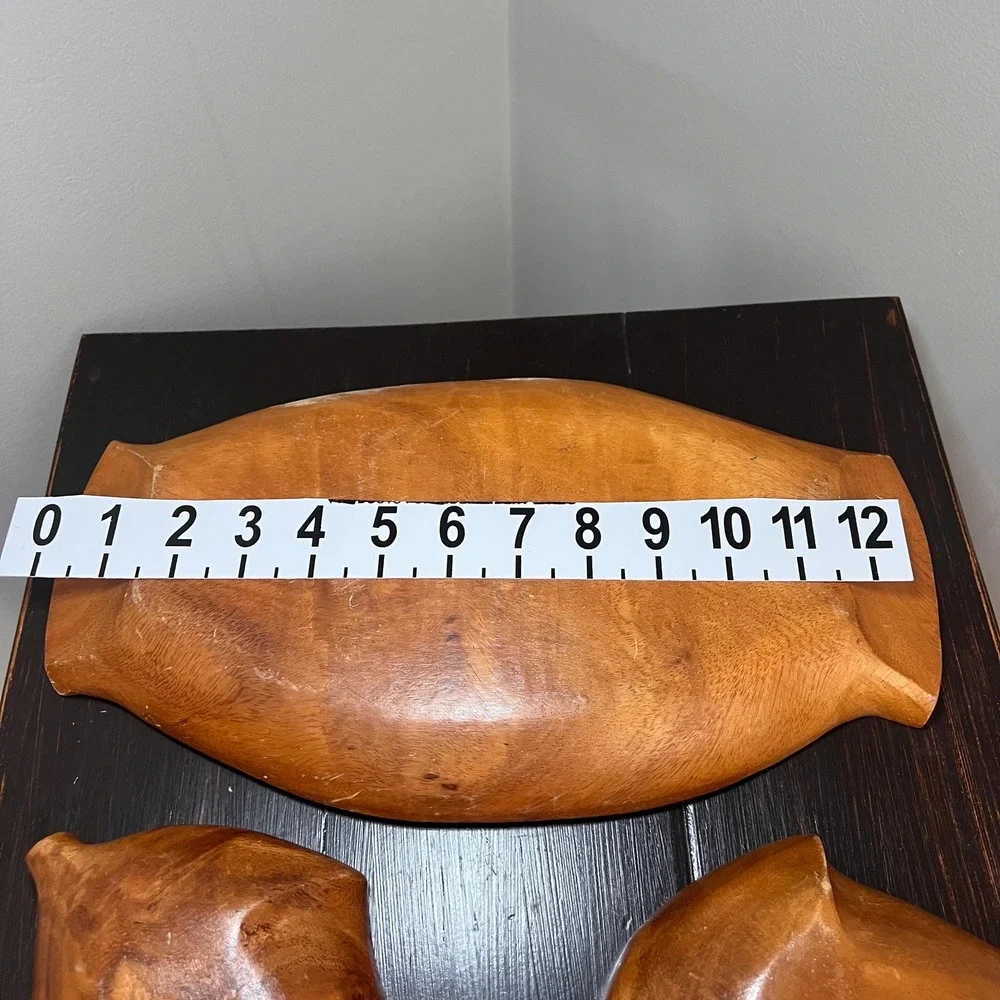 VTG Hand Carved Monkey Pod Wood Divided Serving Tray with 2 Leaf Snack Bowls mcm